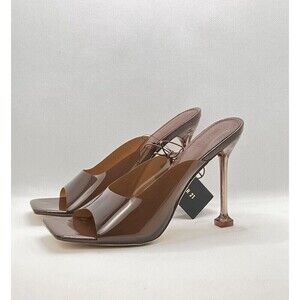 Brown Vinyl Spool Heeled Open Square Toe Slides 8 Transparent Mules x Forever21